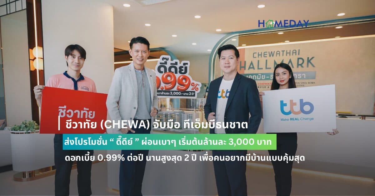 ชีวาทัย (CHEWA) จับมือ ทีเอ็มบีธนชาต  ส่งโปรโมชั่น “ ดี๊ดีย์ ” ผ่อนเบาๆ เริ่มต้นล้านละ 3,000 บาท ดอกเบี้ย 0.99% ต่อปี นานสูงสุด 2 ปี เพื่อคนอยากมีบ้านแบบคุ้มสุด  พร้อมของแถมจุใจ