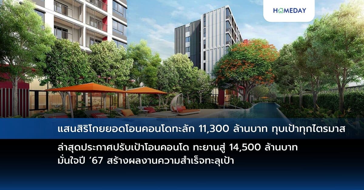 แสนสิริโกยยอดโอนคอนโดทะลัก 11,300 ล้านบาท ทุบเป้าทุกไตรมาส  ล่าสุดประกาศปรับเป้าโอนคอนโด ทะยานสู่ 14,500 ล้านบาท มั่นใจปี ’67 สร้างผลงานความสำเร็จทะลุเป้า