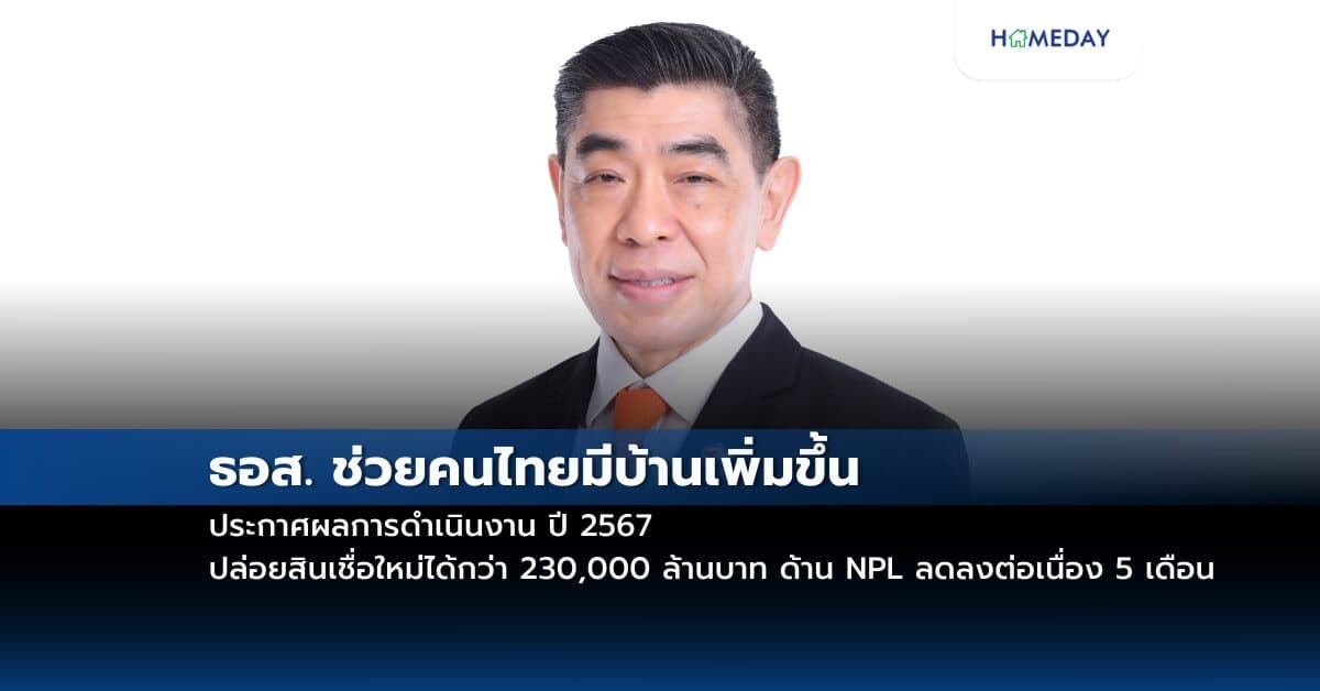 ธอส. ช่วยคนไทยมีบ้านเพิ่มขึ้น ประกาศผลการดำเนินงาน ปี 2567  ปล่อยสินเชื่อใหม่ได้กว่า 230,000 ล้านบาท ด้าน NPL ลดลงต่อเนื่อง 5 เดือน