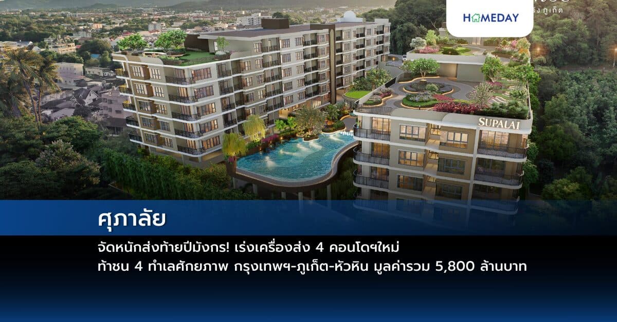 ศุภาลัย จัดหนักส่งท้ายปีมังกร! เร่งเครื่องส่ง 4 คอนโดฯใหม่                                                                               ท้าชน 4 ทำเลศักยภาพ กรุงเทพฯ-ภูเก็ต-หัวหิน มูลค่ารวม 5,800 ล้านบาท