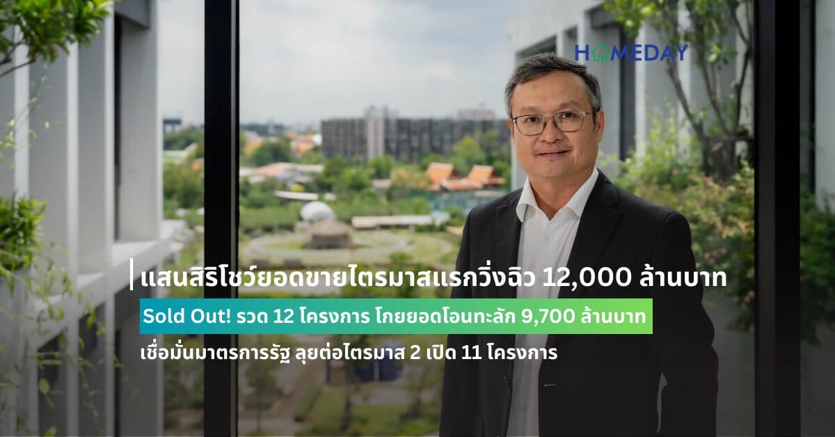 แสนสิริโชว์ยอดขายไตรมาสแรกวิ่งฉิว 12,000 ล้านบาท  Sold Out! รวด 12 โครงการ โกยยอดโอนทะลัก 9,700 ล้านบาท เชื่อมั่นมาตรการรัฐ ลุยต่อไตรมาส 2 เปิด 11 โครงการ มูลค่ารวม 12,000 ล้านบาท