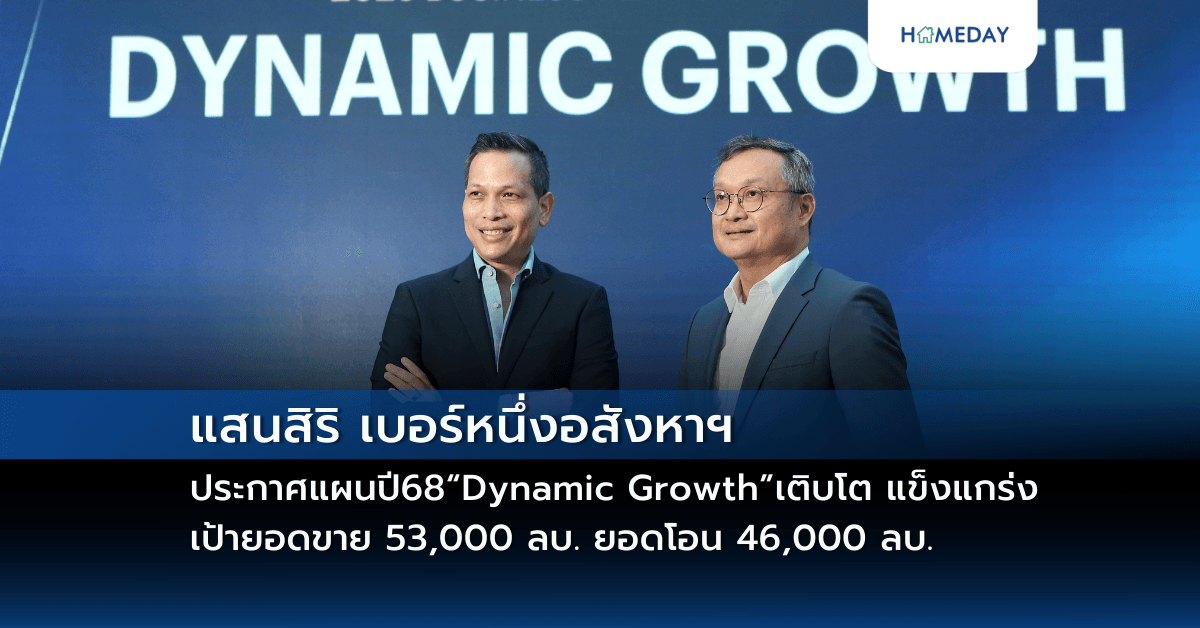 แสนสิริ เบอร์หนึ่งอสังหาฯ ปลุกเซ็นติเมนต์ตลาด ประกาศแผนปี 68 “Dynamic Growth” เติบโตแข็งแกร่ง เป้ายอดขาย 53,000 ลบ. ยอดโอน 46,000 ลบ.