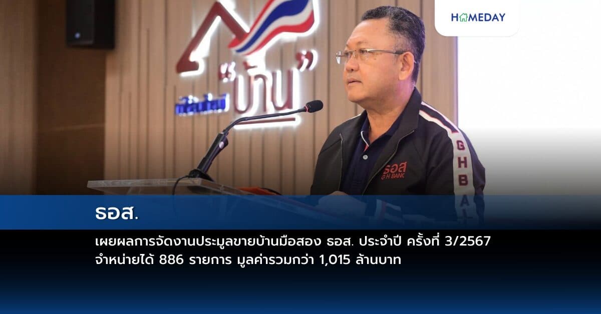 ธอส. เผยผลการจัดงานประมูลขายบ้านมือสอง ธอส. ประจำปี ครั้งที่ 3/2567 จำหน่ายได้ 886 รายการ มูลค่ารวมกว่า 1,015 ล้านบาท