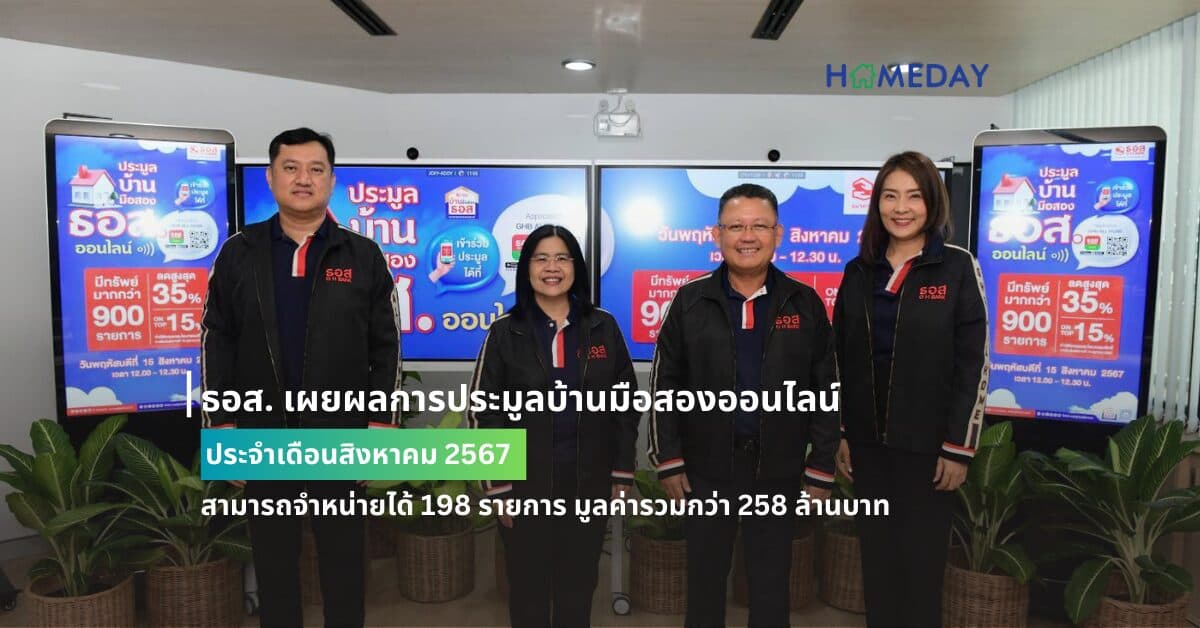 ธอส. เผยผลการประมูลบ้านมือสองออนไลน์ ประจำเดือนสิงหาคม 2567   สามารถจำหน่ายได้ 198 รายการ มูลค่ารวมกว่า 258 ล้านบาท