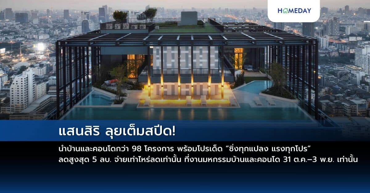 แสนสิริ ลุยเต็มสปีด! นำบ้านและคอนโดกว่า 98 โครงการ ครอบคลุมทุกทำเล พร้อมโปรเด็ด “ซิ่งทุกแปลง แรงทุกโปร” ลดสูงสุด 5 ลบ.* จ่ายเท่าไหร่ลดเท่านั้น*  ที่งานมหกรรมบ้านและคอนโด 31 ต.ค. – 3 พ.ย. เท่านั้น