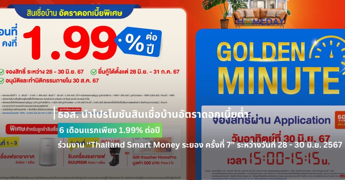ธอส. นำโปรโมชันสินเชื่อบ้านอัตราดอกเบี้ยต่ำ 6 เดือนแรกเพียง 1.99% ต่อปี  ร่วมงาน “Thailand Smart Money ระยอง ครั้งที่ 7” ระหว่างวันที่ 28 – 30 มิ.ย. 2567