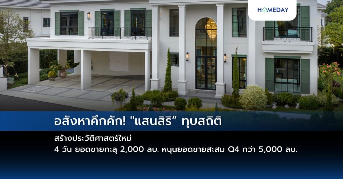 อสังหาคึกคัก! “แสนสิริ” ทุบสถิติ สร้างประวัติศาสตร์ใหม่  4 วัน ยอดขายทะลุ 2,000 ลบ. หนุนยอดขายสะสม Q4 กว่า 5,000 ลบ. ลุยต่อ! แคมเปญพิเศษส่งท้ายปี “เว่อร์วัง อลังเซล” ดันยอดขาย Q4 โตตามเป้าที่ 12,000 ล้านบาท