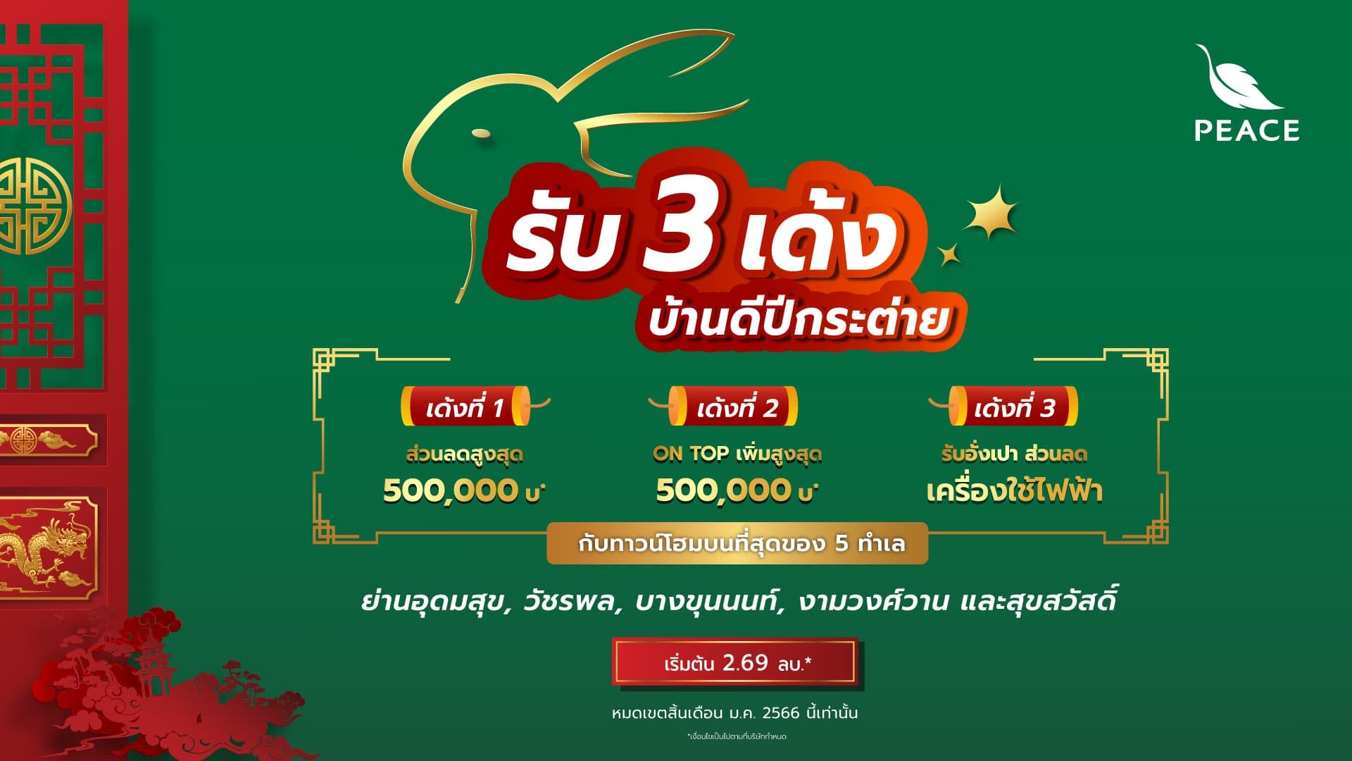 “พีซแอนด์ลีฟวิ่ง” เชื่อมั่นอสังหาริมทรัพย์ปีกระต่ายสดใส รับอานิสงค์จีนเปิดประเทศ ส่งโปรโมชันสุดพิเศษ เฮง ๆ รับสูงสุด 3 เด้ง กับ 5 โครงการทำเลทอง ในราคาพิเศษ