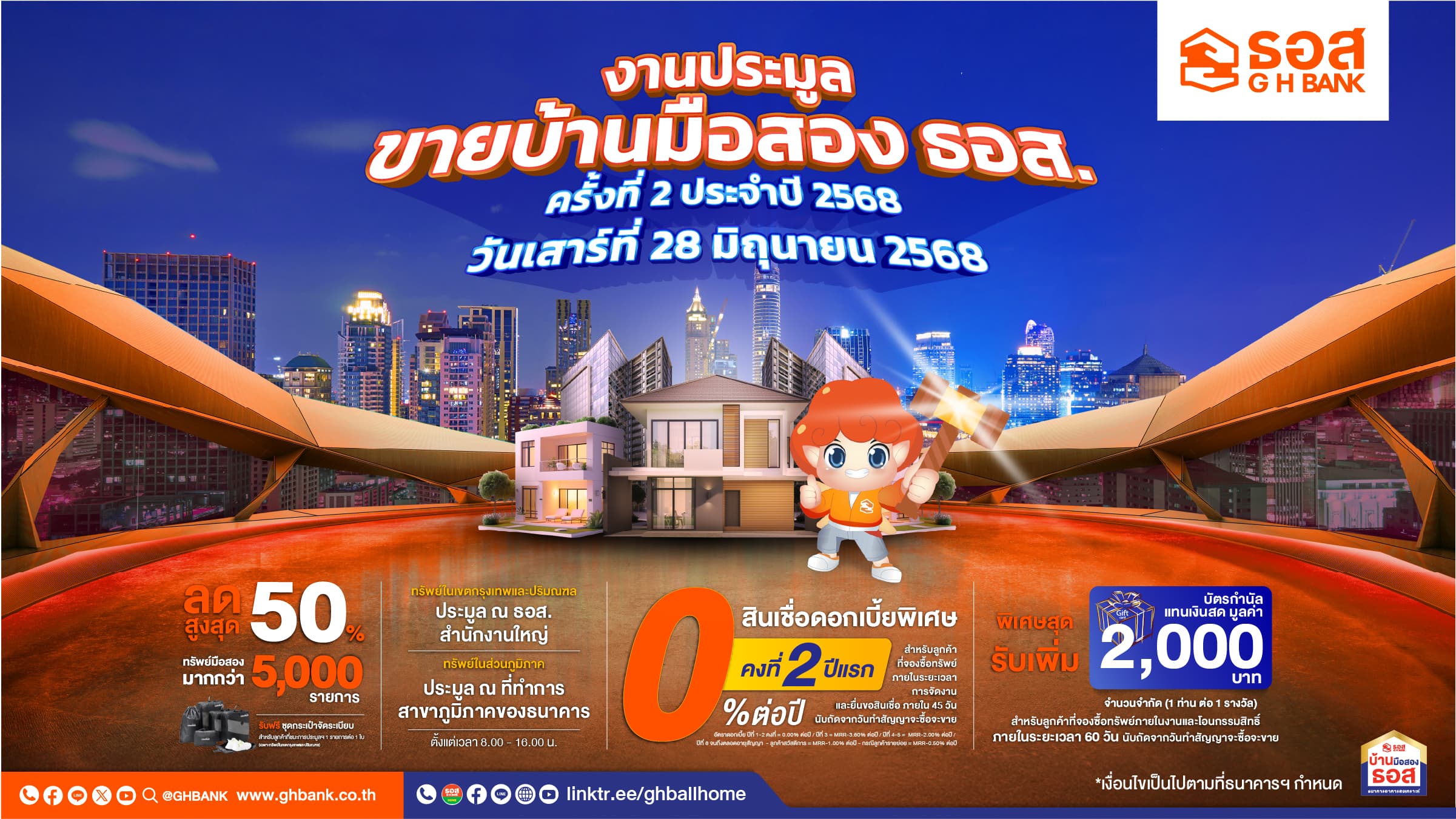 ประมูลใหญ่กลางปี ครั้งที่ 2 /2568    ธอส. จัดทรัพย์เด่นทั่วประเทศกว่า 9,000 รายการ ลดราคาสูงสุด 50% ในงานประมูลขายบ้านมือสอง ธอส. พบกันวันที่ 28 มิถุนายนนี้  เวลา 08.00 – 16.00 น.