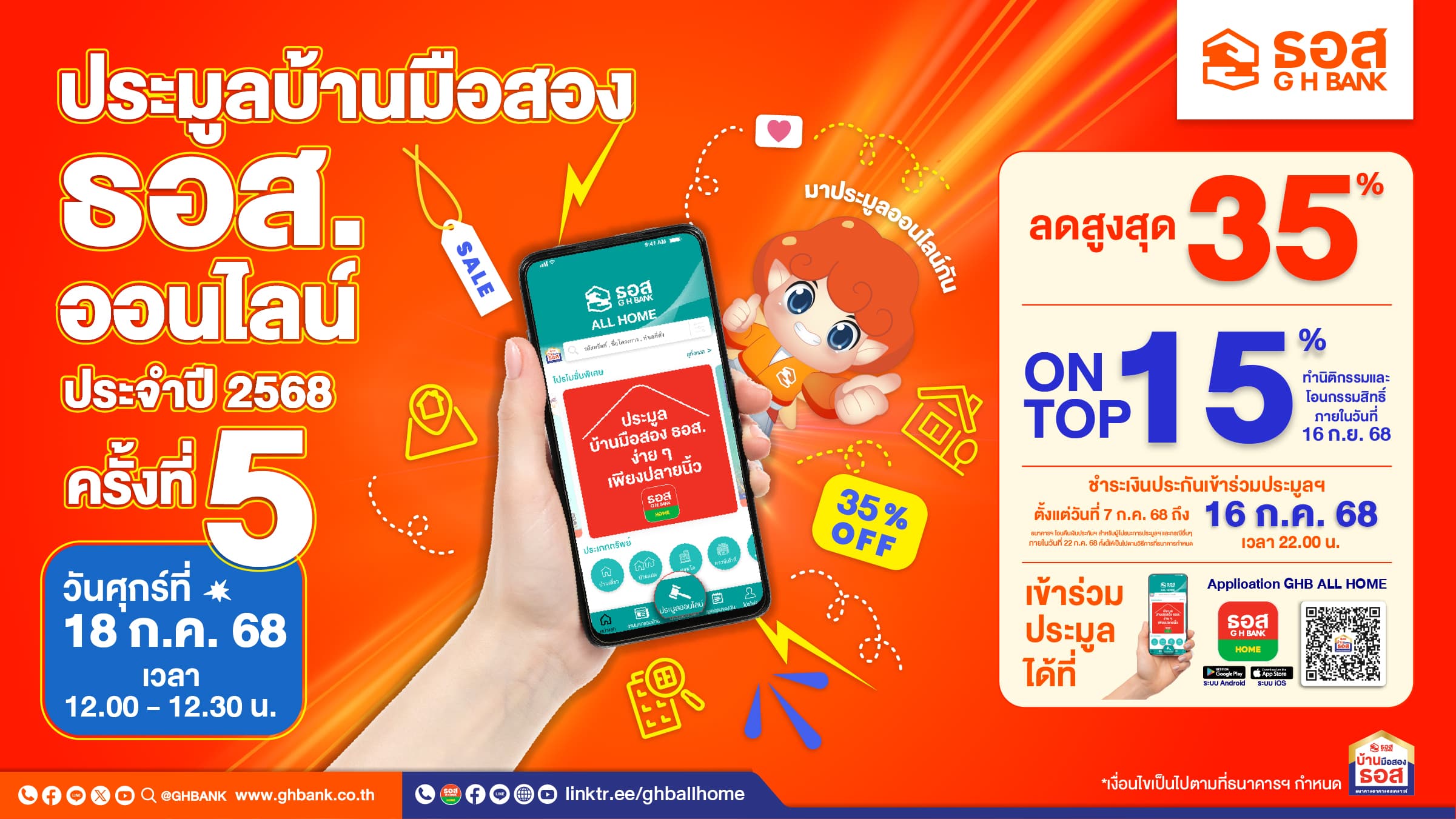 ธอส. จัดงานประมูลบ้านมือสองออนไลน์ ประจำปี 2568 ครั้งที่ 5  พบทรัพย์เด่น ทำเลดีมากกว่า 1,000 รายการ ลดราคาสูงสุด 35% และ On Top อีก 15% วันศุกร์ที่ 18 กรกฎาคมนี้ ผ่าน Application : GHB ALL HOME