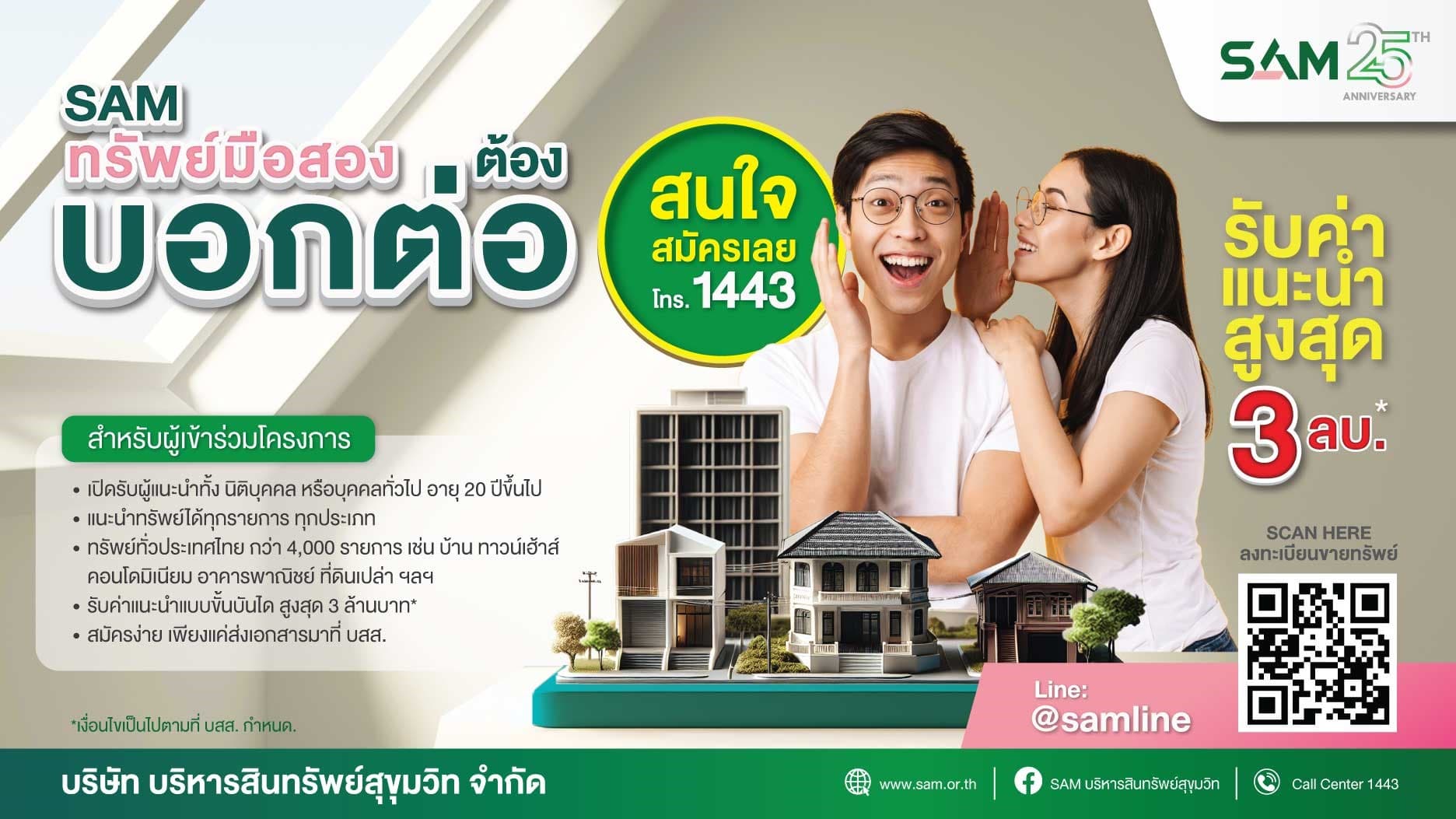 SAM บุกตลาด NPA ไตรมาส 3 ผุดแคมเปญแรง “ทรัพย์มือสองต้องบอกต่อ” เปิดพอร์ต NPA เกือบ      5 พันรายการ มูลค่ากว่า 2 หมื่นล้านทั่วประเทศ จูงใจคนไทยสมัครเป็นผู้แนะนำทรัพย์ รับค่าตอบแทนสูงถึง 3 ลบ. ต่อ 1 รายการ