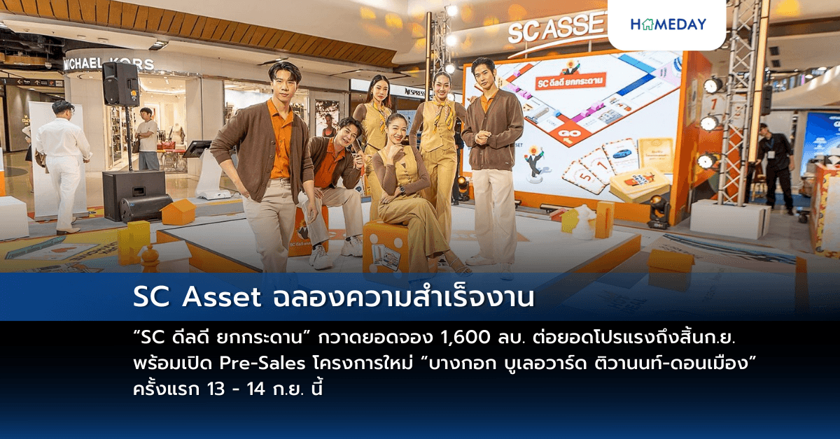 SC Asset ฉลองความสำเร็จงาน “SC ดีลดี ยกกระดาน” กวาดยอดจอง 1,600 ลบ.  ต่อยอดโปรแรงถึงสิ้นก.ย. พร้อมเปิด Pre-Sales โครงการใหม่  “บางกอก บูเลอวาร์ด ติวานนท์-ดอนเมือง” ครั้งแรก 13 – 14 ก.ย. นี้