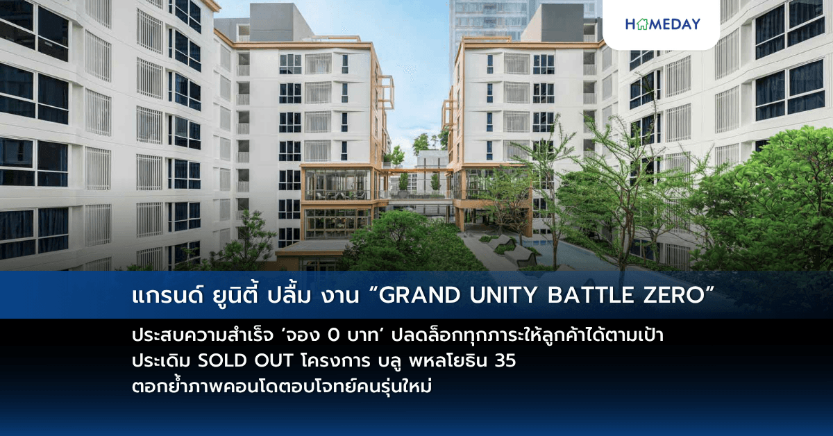 แกรนด์ ยูนิตี้ ปลื้ม งาน “GRAND UNITY BATTLE ZERO” ประสบความสำเร็จ ‘จอง 0 บาท’ ปลดล็อกทุกภาระให้ลูกค้าได้ตามเป้า   ประเดิม SOLD OUT โครงการ บลู พหลโยธิน 35 ตอกย้ำภาพคอนโดตอบโจทย์คนรุ่นใหม่