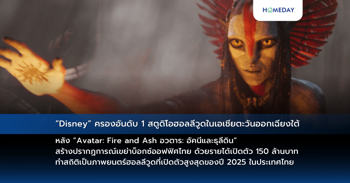 “Disney” ครองอันดับ 1 สตูดิโอฮอลลีวูดในเอเชียตะวันออกเฉียงใต้ หลัง “Avatar: Fire and Ash อวตาร: อัคนีและธุลีดิน” สร้างปรากฏการณ์เขย่าบ็อกซ์ออฟฟิศไทย ด้วยรายได้เปิดตัว 150 ล้านบาท ทำสถิติเป็นภาพยนตร์ฮอลลีวูดที่เปิดตัวสูงสุดของปี 2025 ในประเทศไทย