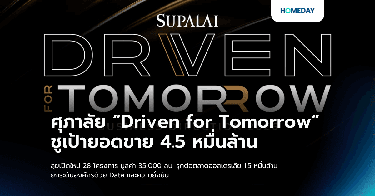 ศุภาลัย “Driven for Tomorrow” ชูเป้ายอดขาย 4.5 หมื่นล้าน ลุยเปิดใหม่ 28 โครงการ มูลค่า 35,000 ลบ. รุกต่อตลาดออสเตรเลีย 1.5 หมื่นล้าน ยกระดับองค์กรด้วย Data และความยั่งยืน