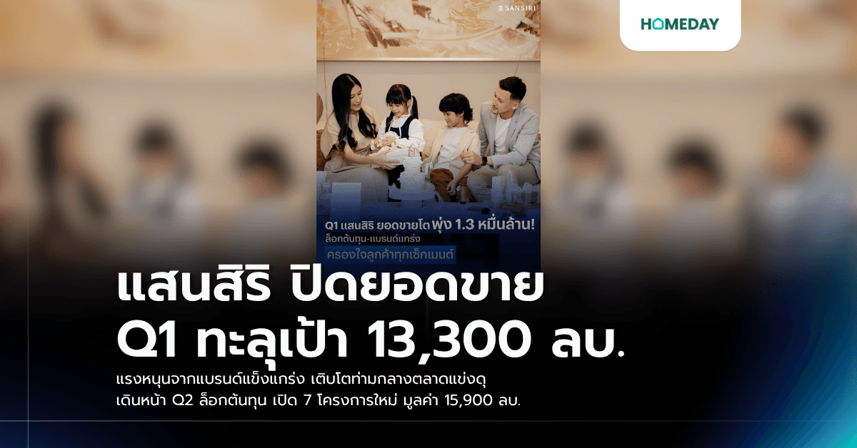 แสนสิริ ปิดยอดขาย Q1 ทะลุเป้า 13,300 ลบ. แรงหนุนจากแบรนด์แข็งแกร่ง เติบโตท่ามกลางตลาดแข่งดุ เดินหน้า Q2 ล็อกต้นทุน เปิด 7 โครงการใหม่ มูลค่า 15,900 ลบ.