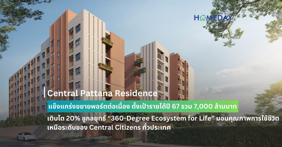 Central Pattana Residence แข็งแกร่งขยายพอร์ตต่อเนื่อง ตั้งเป้ารายได้ปี 67 รวม 7,000 ล้านบาท เติบโต 20% ชูกลยุทธ์ “360-Degree Ecosystem for Life” มอบคุณภาพการใช้ชีวิตเหนือระดับของ Central Citizens ทั่วประเทศ