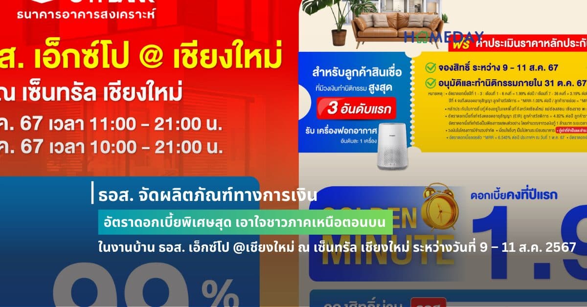 ธอส. จัดผลิตภัณฑ์ทางการเงิน อัตราดอกเบี้ยพิเศษสุด เอาใจชาวภาคเหนือตอนบน ในงานบ้าน ธอส. เอ็กซ์โป @เชียงใหม่ ณ เซ็นทรัล เชียงใหม่ ระหว่างวันที่ 9 – 11 ส.ค. 2567