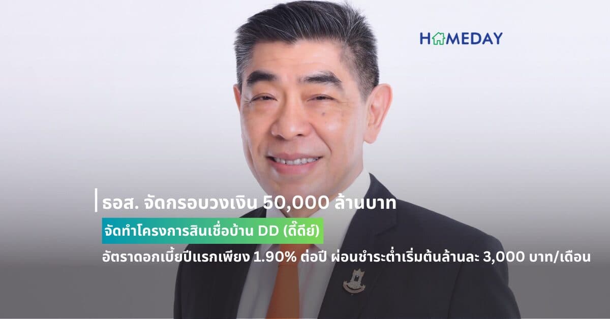 ธอส. จัดกรอบวงเงิน 50,000 ล้านบาท จัดทำโครงการสินเชื่อบ้าน DD (ดี๊ดีย์) อัตราดอกเบี้ยปีแรกเพียง 1.90% ต่อปี ผ่อนชำระต่ำเริ่มต้นล้านละ 3,000 บาท/เดือน เท่านั้น