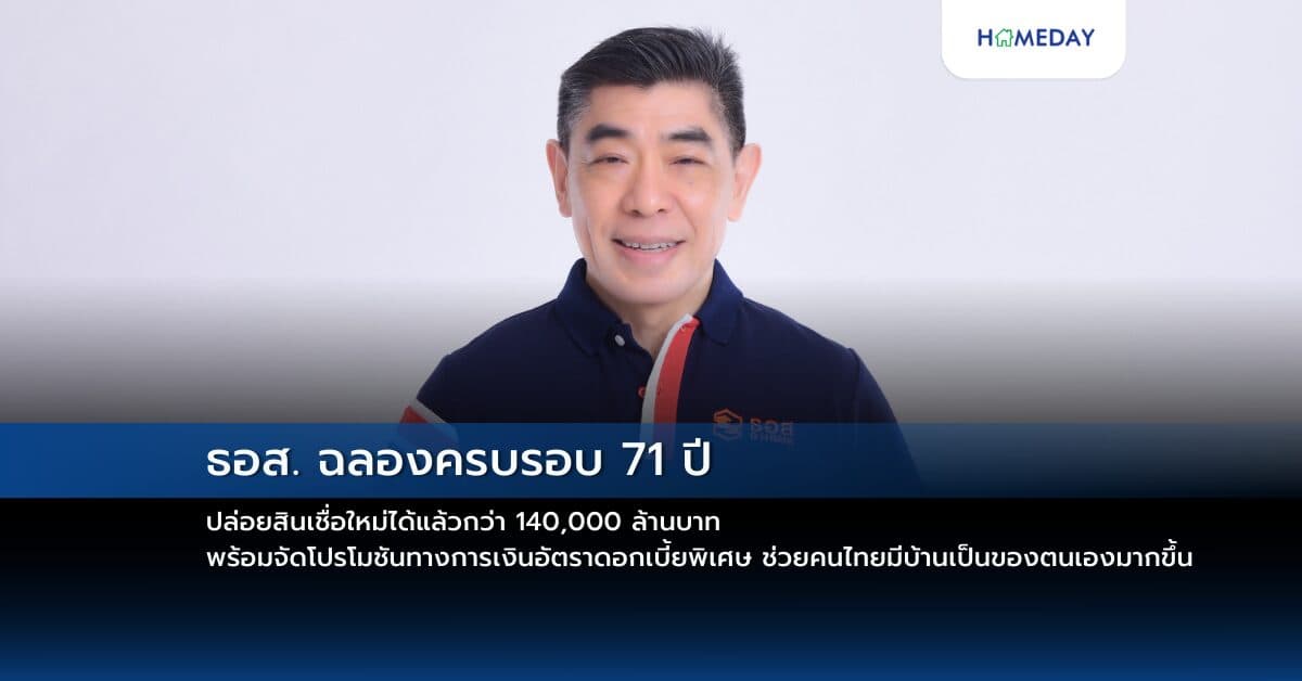 ธอส. ฉลองครบรอบ 71 ปี ปล่อยสินเชื่อใหม่ได้แล้วกว่า 140,000 ล้านบาท พร้อมจัดโปรโมชันทางการเงินอัตราดอกเบี้ยพิเศษ ช่วยคนไทยมีบ้านเป็นของตนเองมากขึ้น