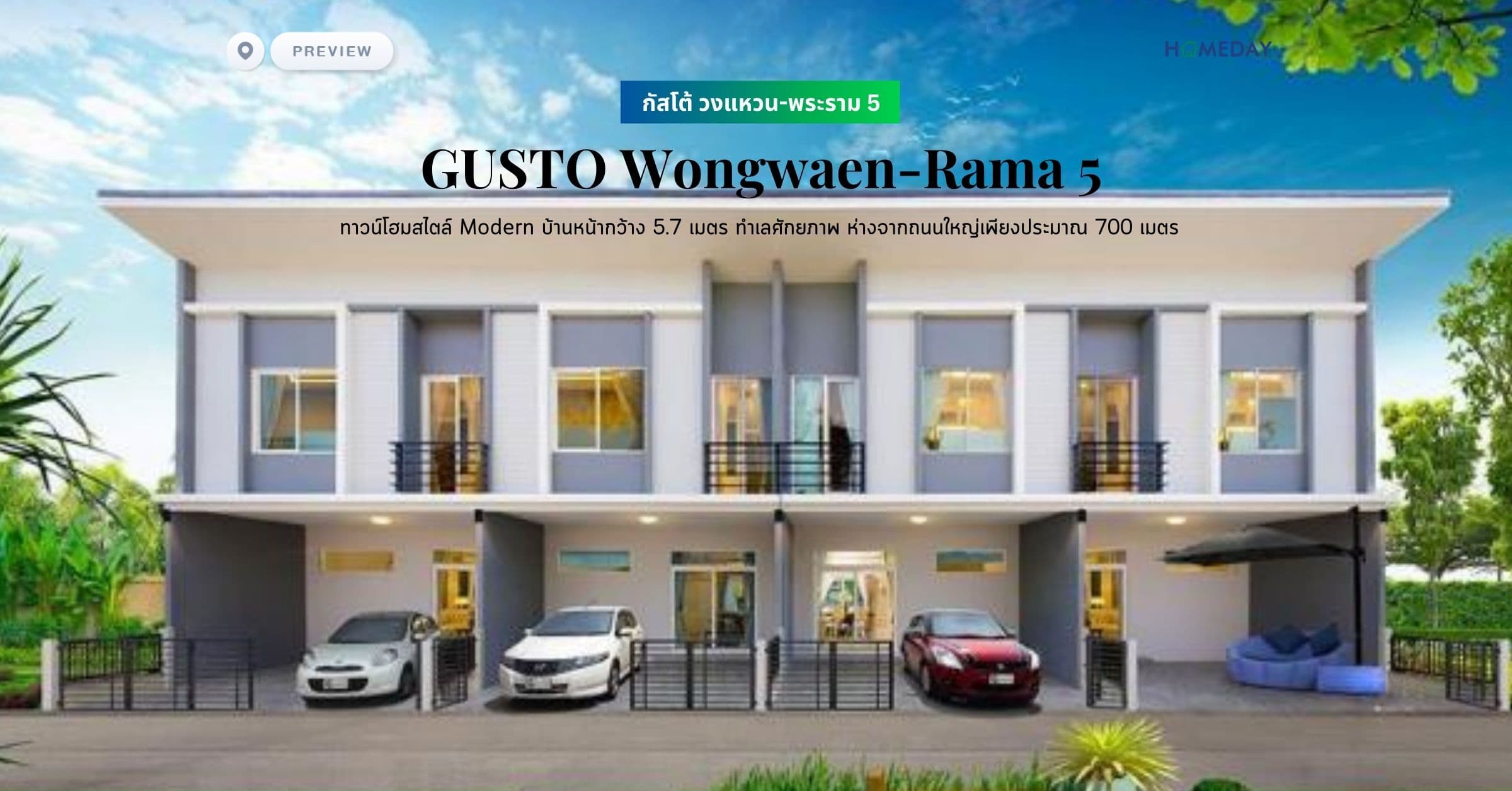 พรีวิว กัสโต้ วงแหวน-พระราม 5 (GUSTO Wongwaen-Rama 5) ทาวน์โฮมสไตล์ Modern บ้านหน้ากว้าง 5.7 เมตร ทำเลศักยภาพ ห่างจากถนนใหญ่เพียงประมาณ 700 เมตร