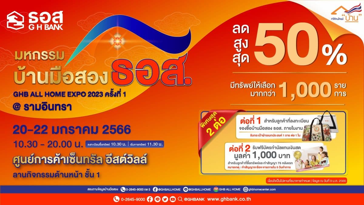 ธอส. คัดบ้านมือสอง 1,000 กว่ารายการ ลดสูงสุดถึง 50% ราคาขายต่ำสุดเพียง 75,000 บาทในงาน GHB ALL HOME EXPO 2023 @รามอินทรา