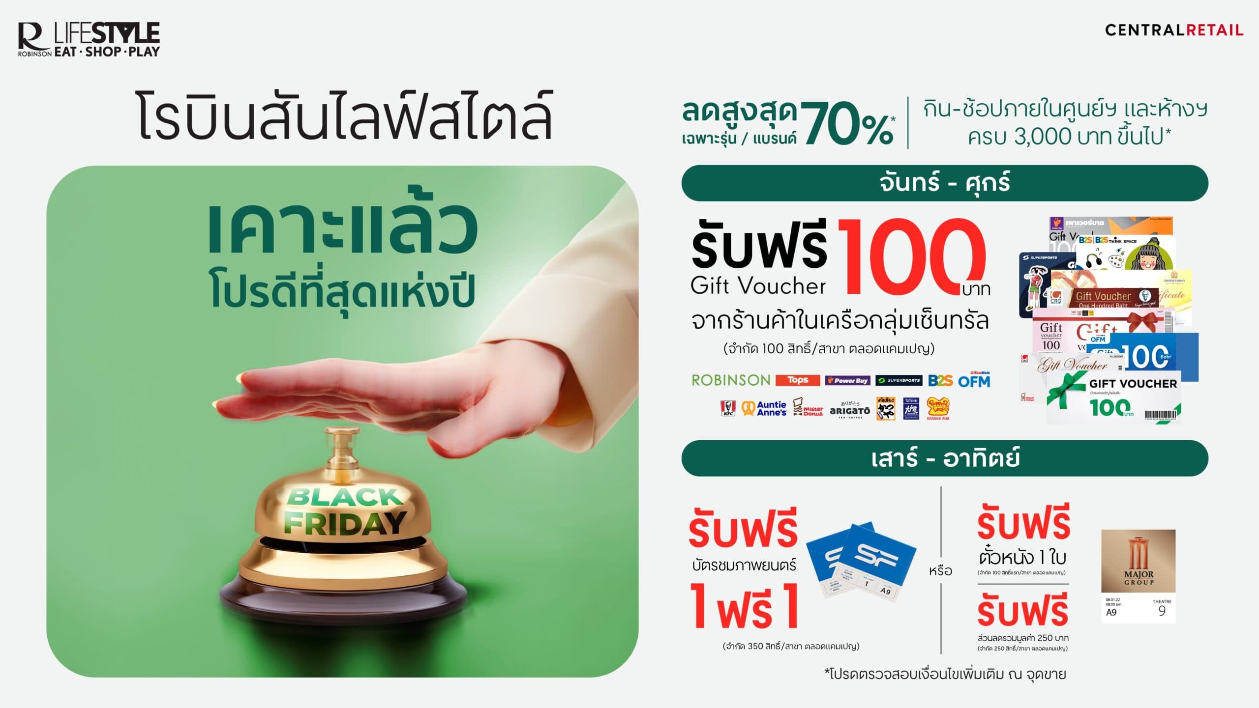 โรบินสันไลฟ์สไตล์ มอบโปรดีที่สุดแห่งปี “Black Friday” จุใจกับส่วนลดสูงสุดกว่า 70% กิน – ช้อปครบ 3,000 บาท รับฟรี! Gift Voucher จากร้านค้าในกลุ่มเซ็นทรัล วันที่ 25 พ.ย. 68 – 3 ธ.ค. 68 ที่โรบินสันไลฟ์สไตล์ทั่วประเทศ